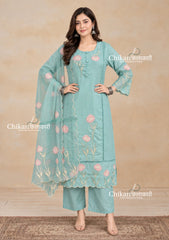 Sage Green Cotton Threadwork Straight Kurta With Regular Pant And Dupatta