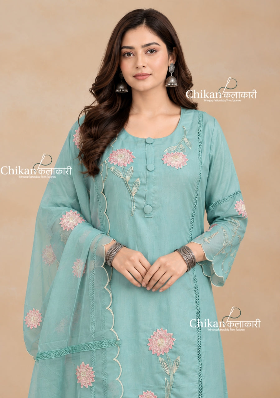 Sage Green Cotton Threadwork Straight Kurta With Regular Pant And Dupatta