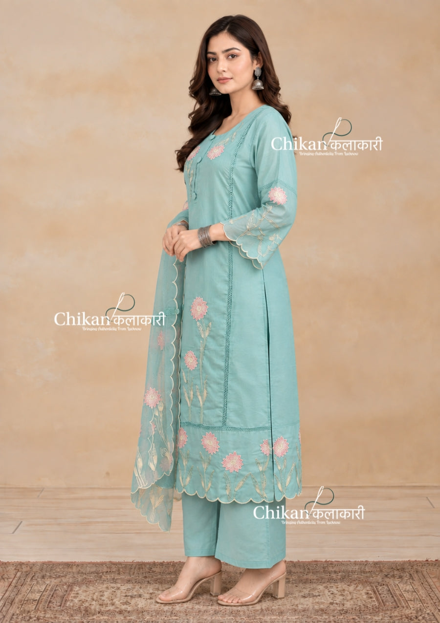 Sage Green Cotton Threadwork Straight Kurta With Regular Pant And Dupatta