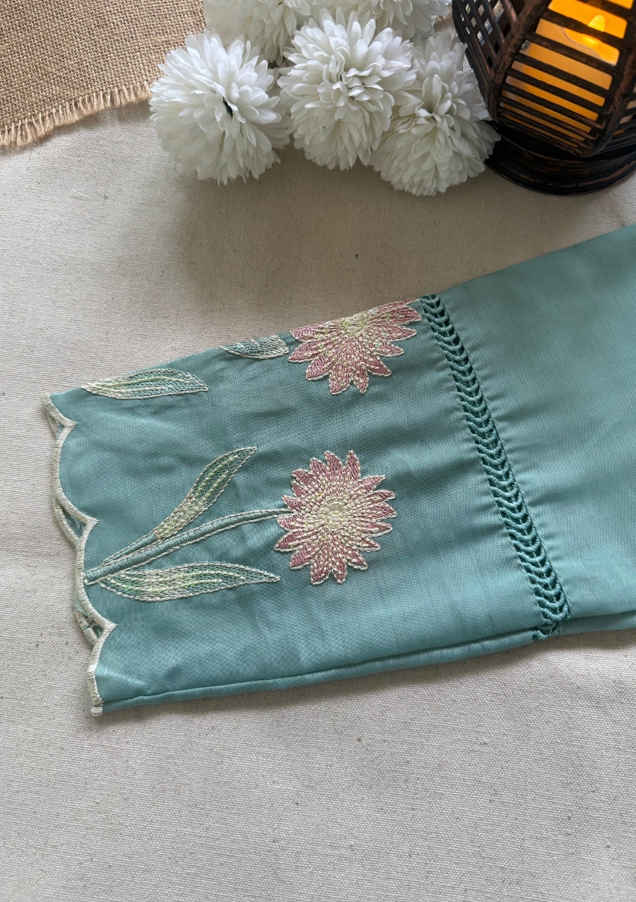 Sage Green Cotton Threadwork Straight Kurta With Regular Pant And Dupatta