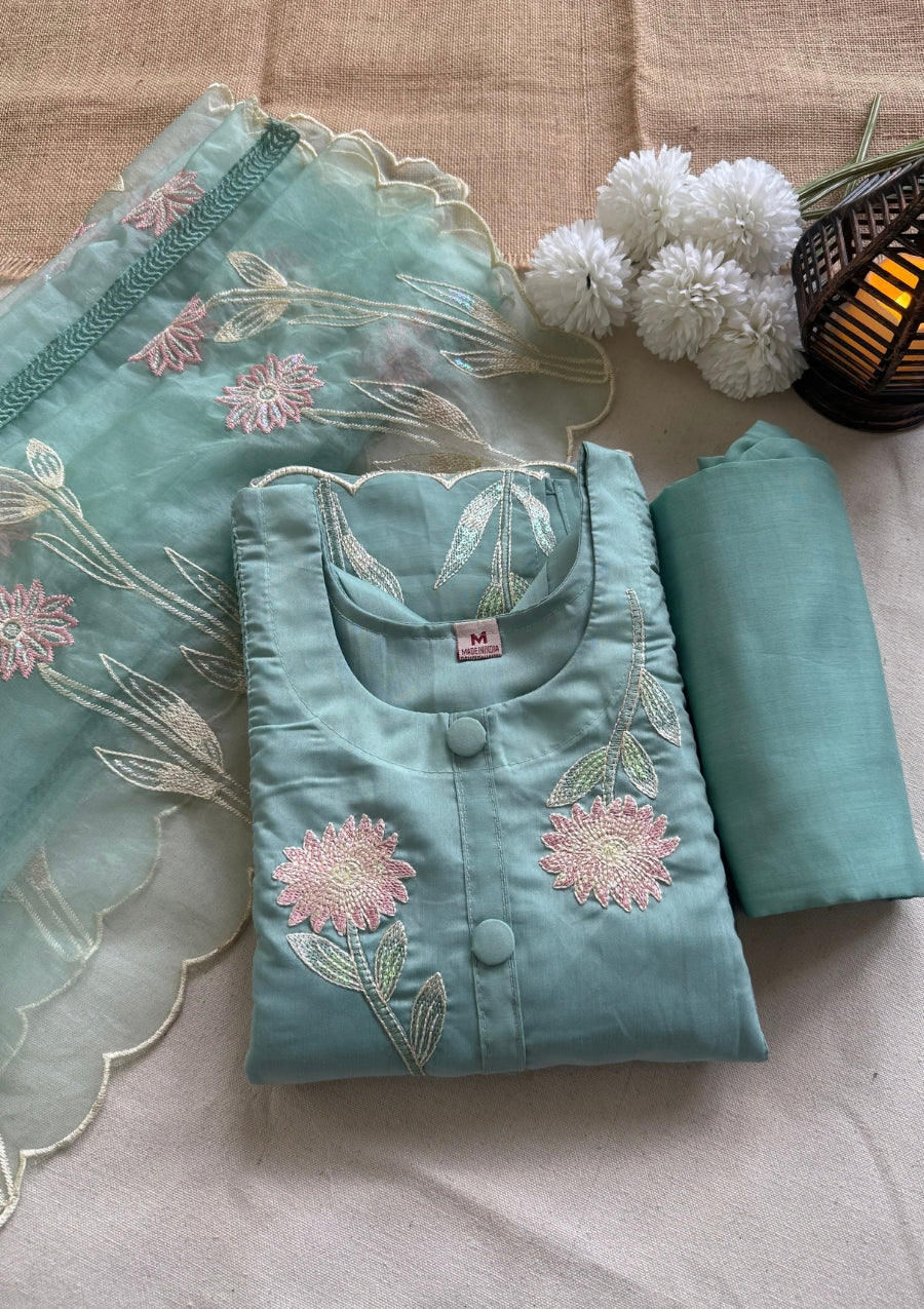 Sage Green Cotton Threadwork Straight Kurta With Regular Pant And Dupatta