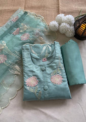 Aishani Sage Green Cotton Threadwork Straight Kurta With Regular Pant And Dupatta