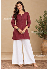 Sahiba Rayon Short Chikankari Kurti - Brown