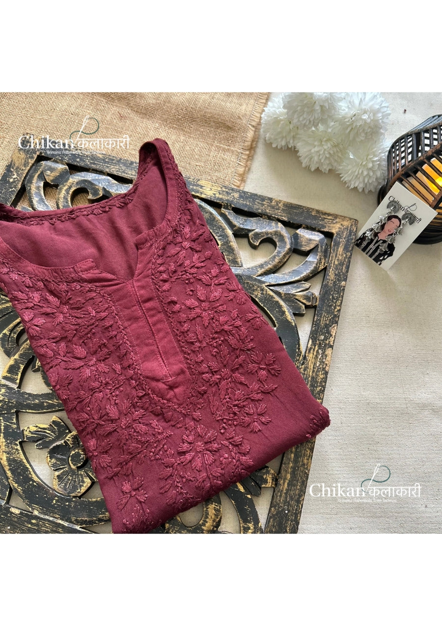 Sahiba Rayon Short Chikankari Kurti - Brown