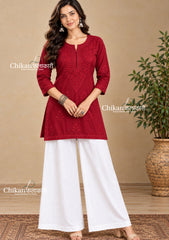 Sahiba Rayon Short Chikankari Kurti - Maroon