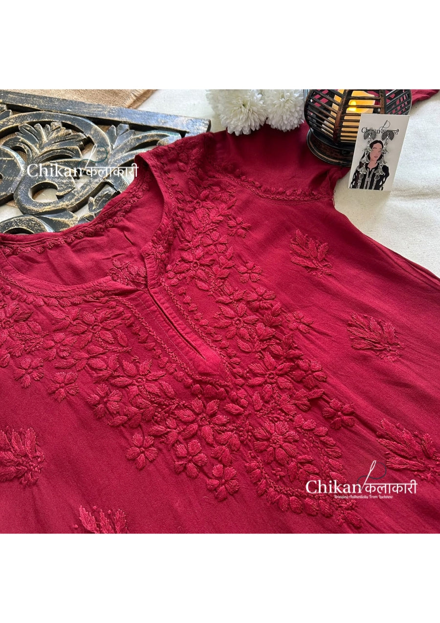 Sahiba Rayon Short Chikankari Kurti - Maroon