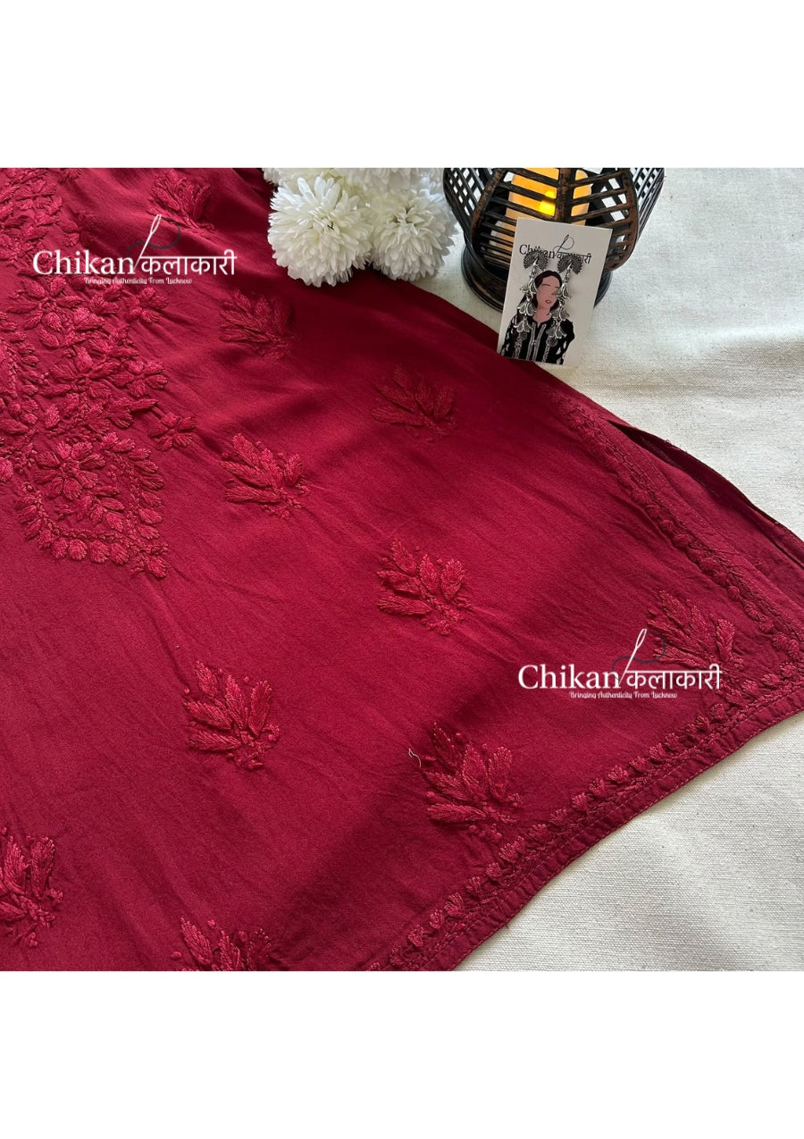 Sahiba Rayon Short Chikankari Kurti - Maroon