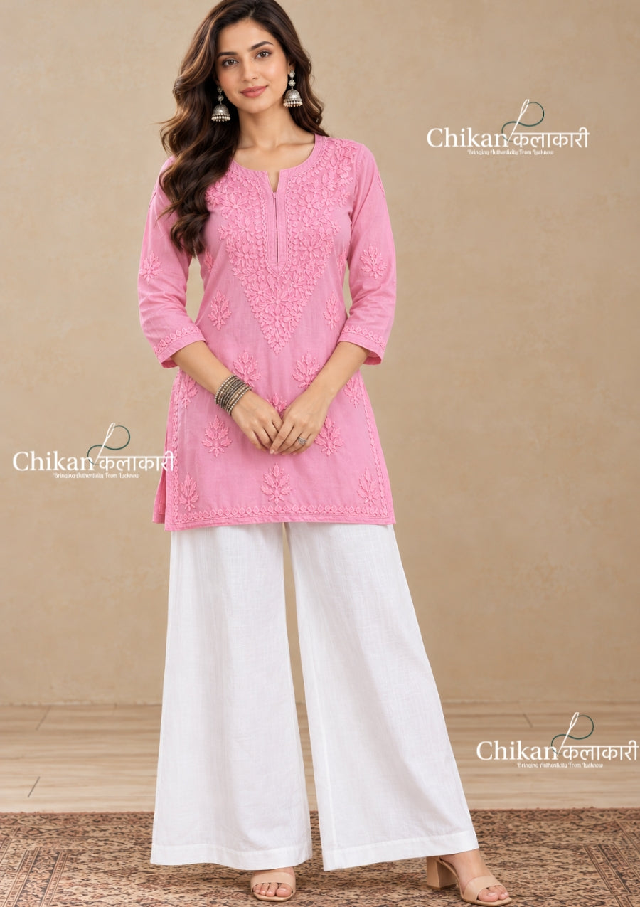 Sahiba Rayon Short Chikankari Kurti - Pink