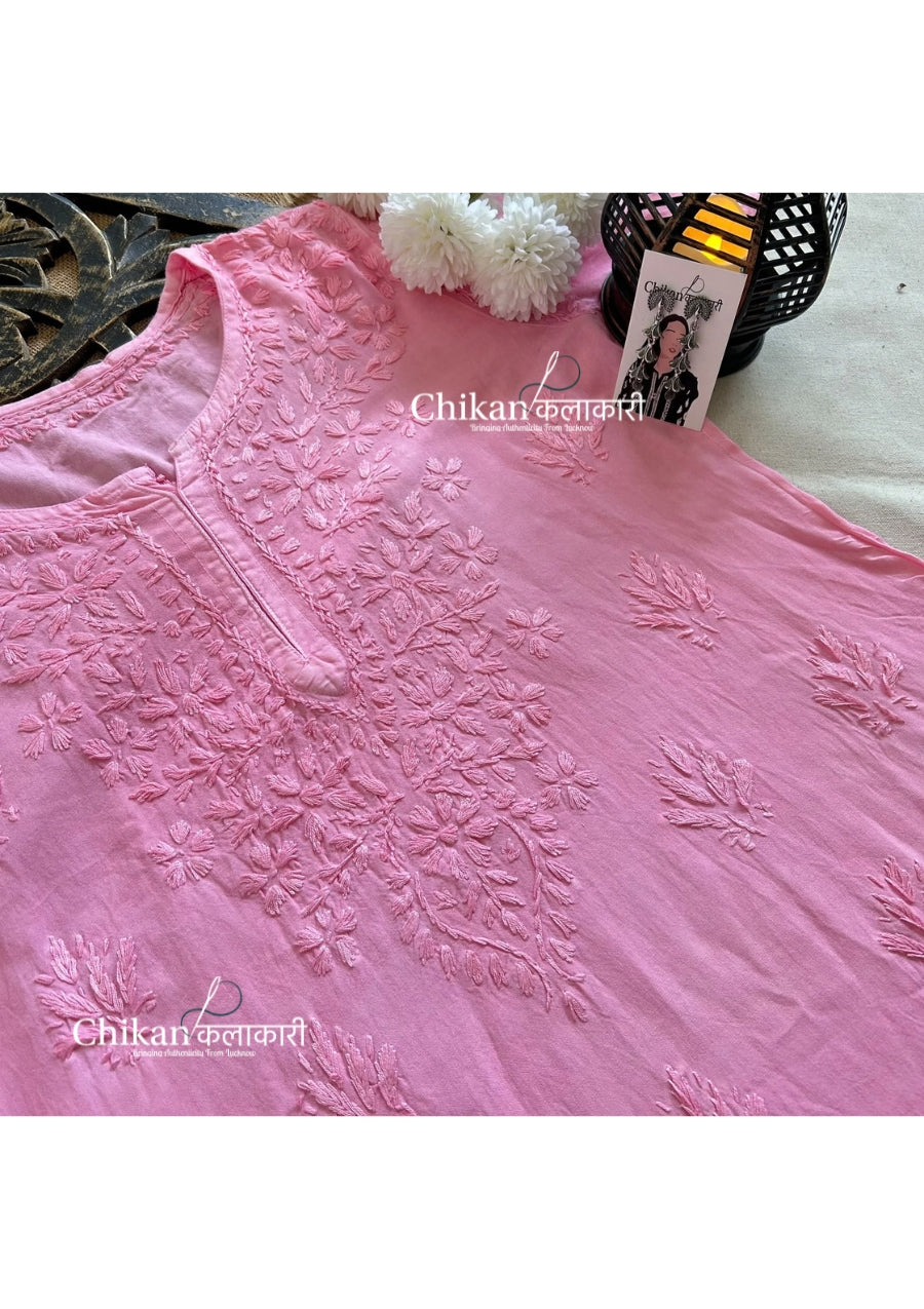 Sahiba Rayon Short Chikankari Kurti - Pink