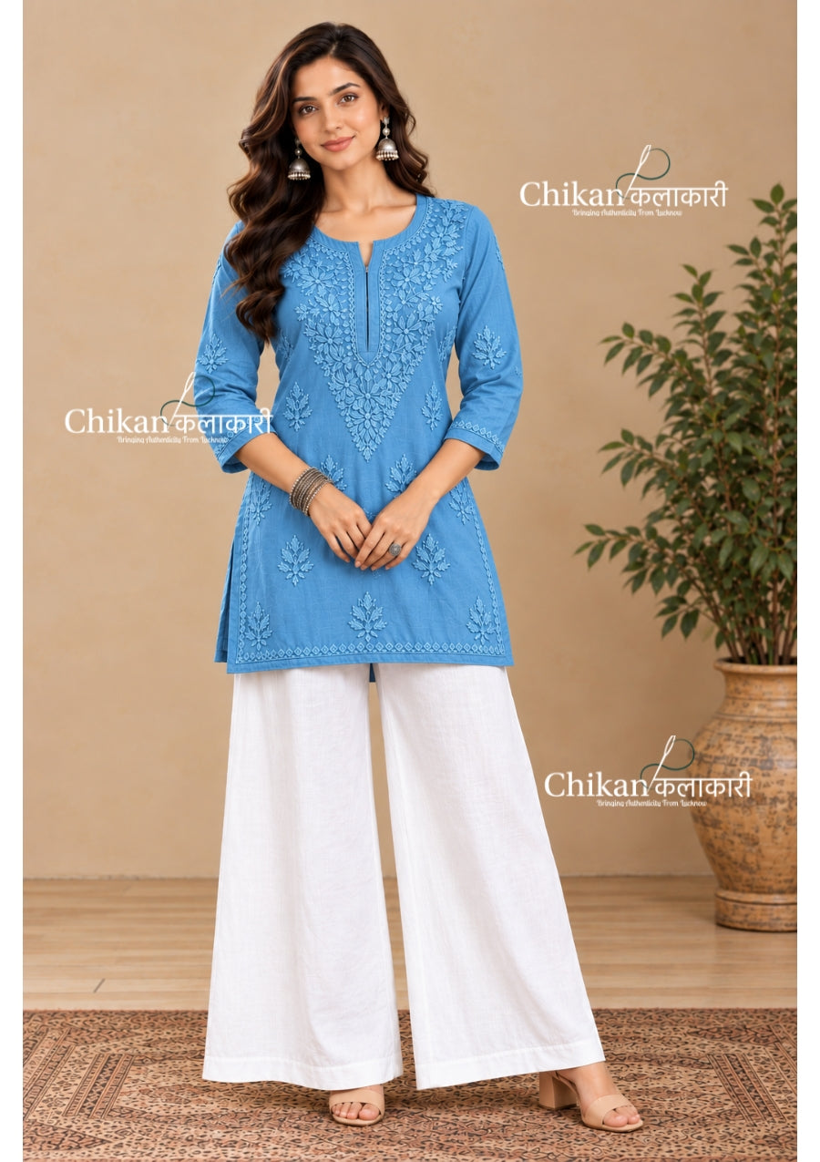 Sahiba Rayon Short Chikankari Kurti - Powder Blue