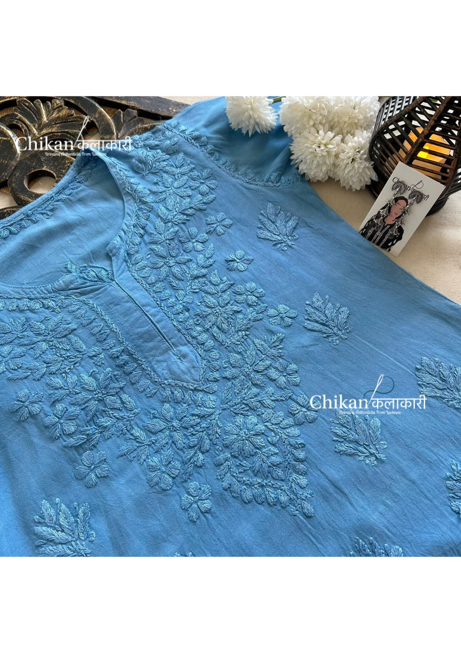 Sahiba Rayon Short Chikankari Kurti - Powder Blue