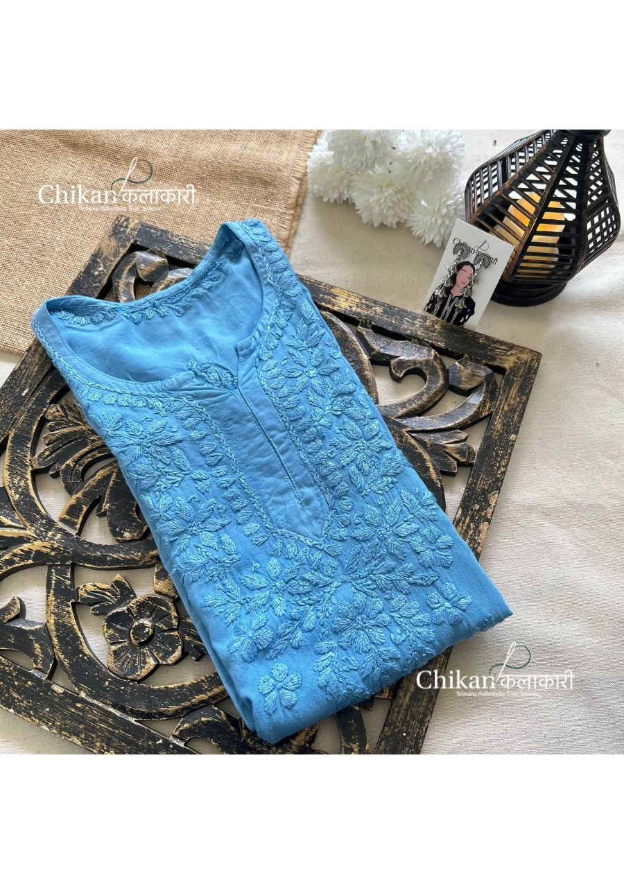 Sahiba Rayon Short Chikankari Kurti - Powder Blue