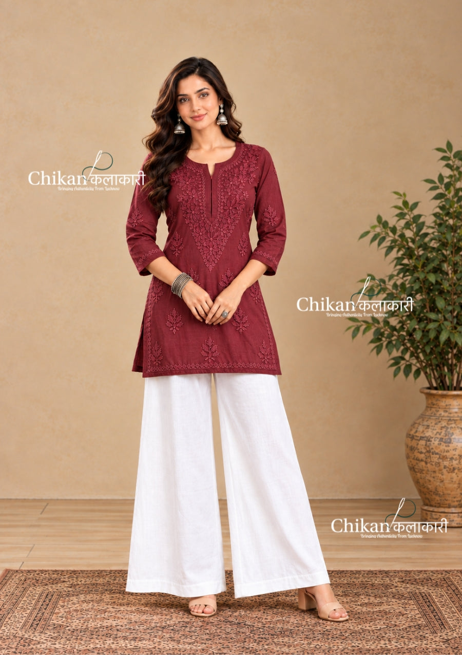 Sahiba Rayon Short Chikankari Kurti - Brown
