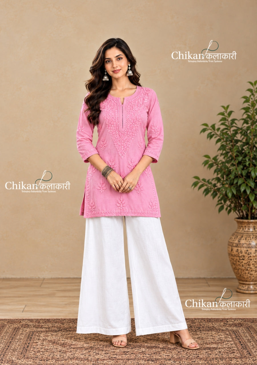 Sahiba Rayon Short Chikankari Kurti - Pink