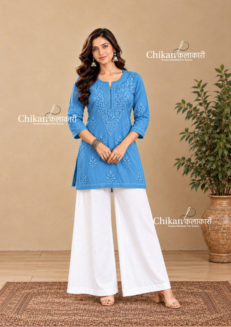 Sahiba Rayon Short Chikankari Kurti - Powder Blue