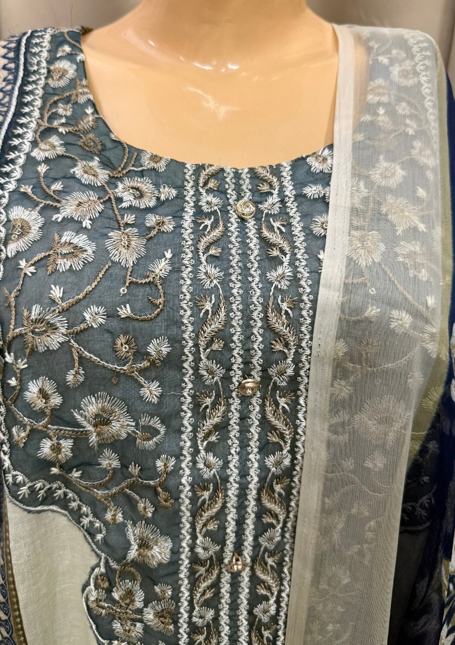 Sahira Olive Green Cotton Straight Suit Set With Dupatta - Blue