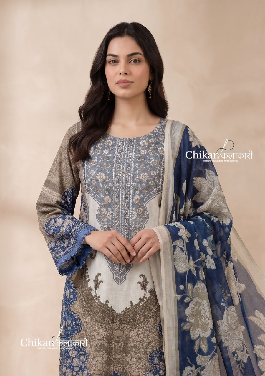 Sahira Olive Green Cotton Straight Suit Set With Dupatta - Blue