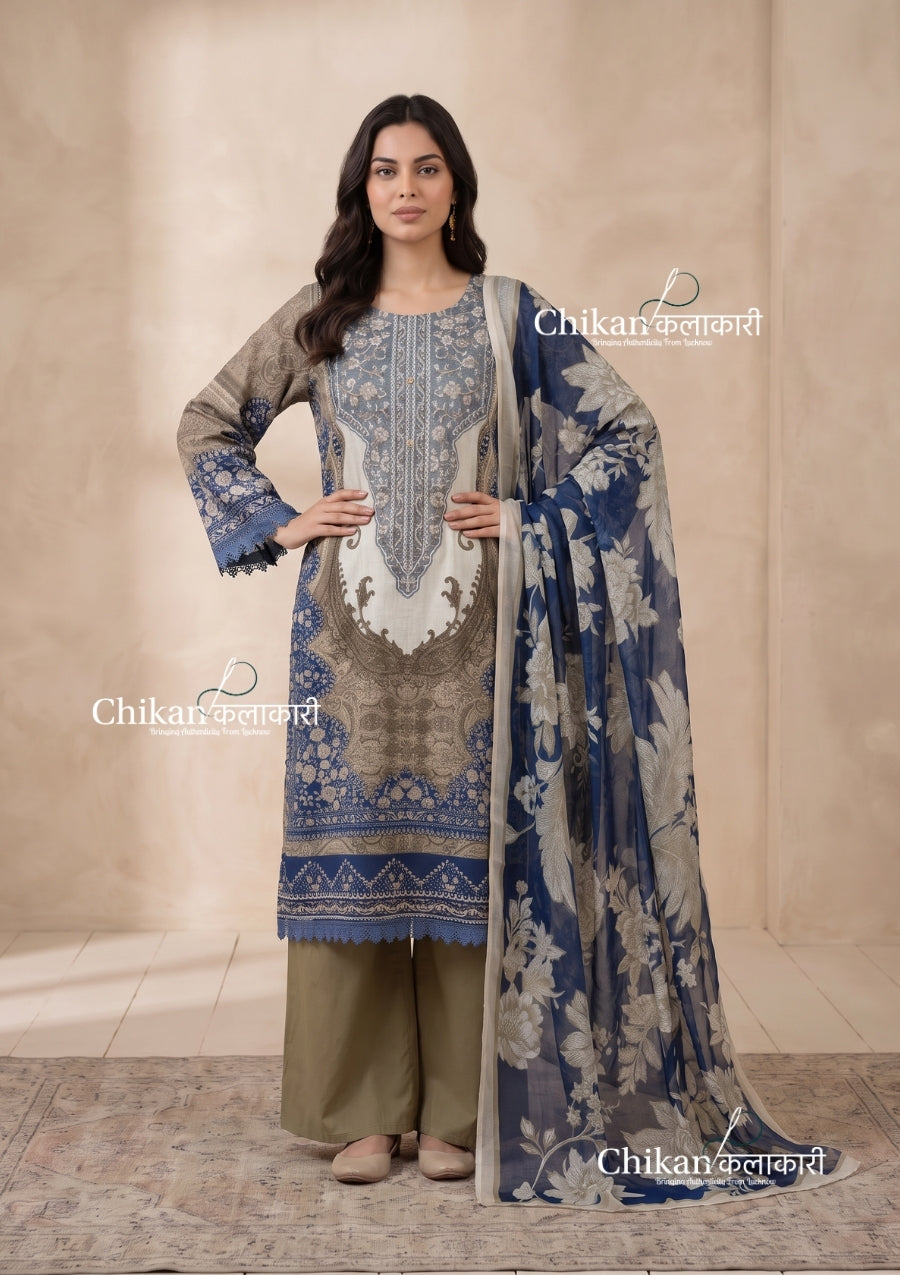 Sahira Olive Green Cotton Straight Suit Set With Dupatta - Blue