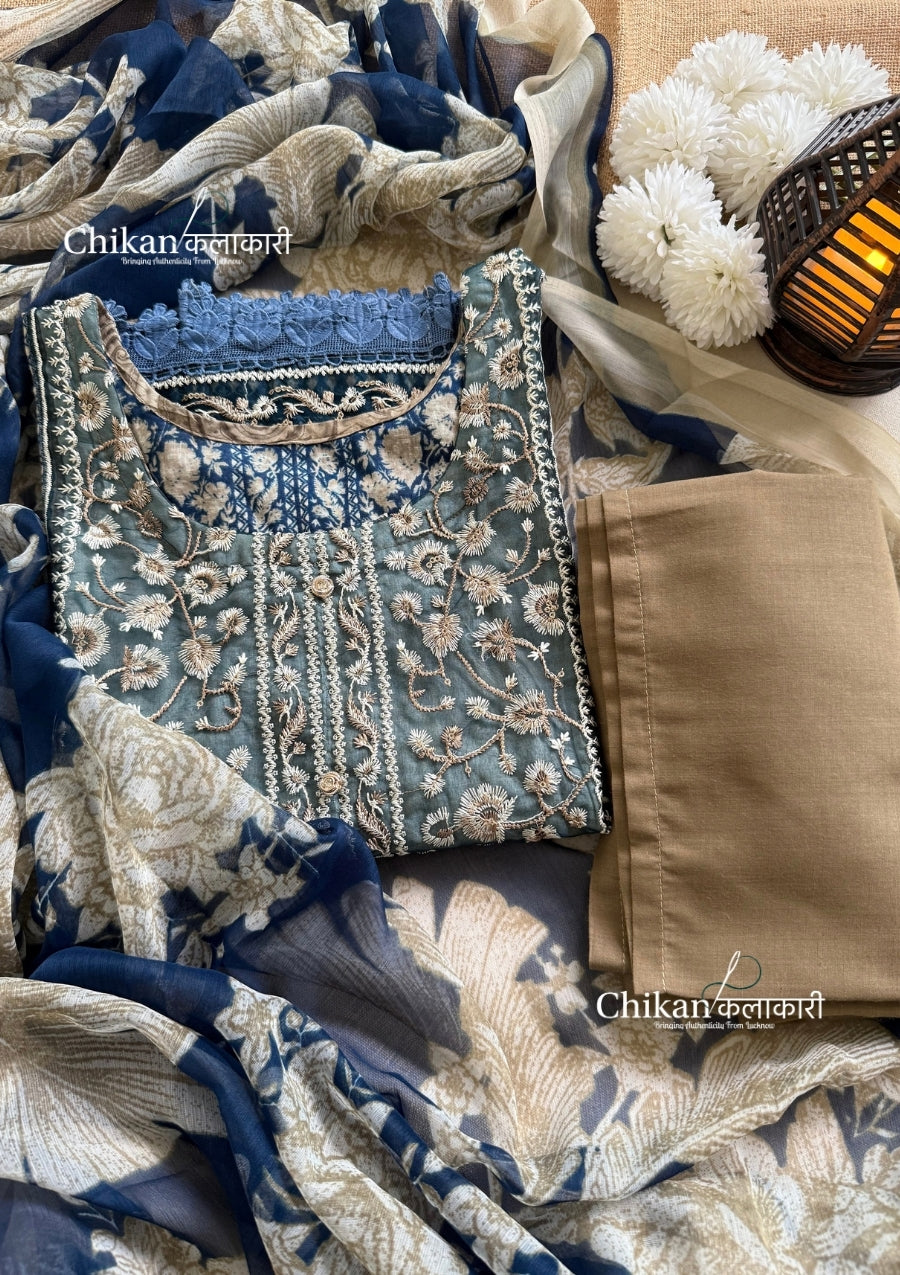 Sahira Olive Green Cotton Straight Suit Set With Dupatta - Blue