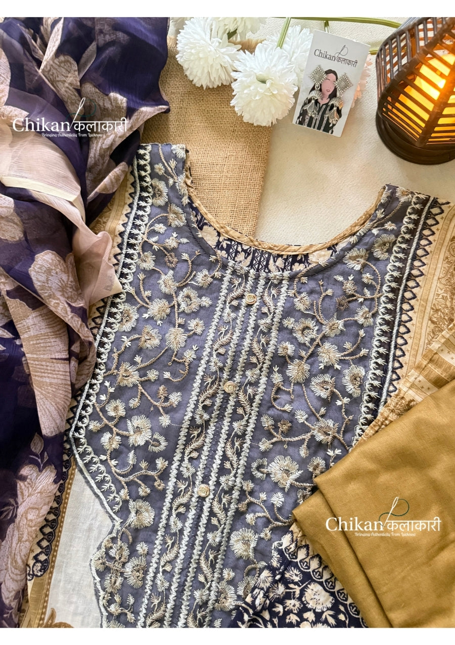 Sahira Beige Cotton Straight Suit Set With Dupatta - Purple