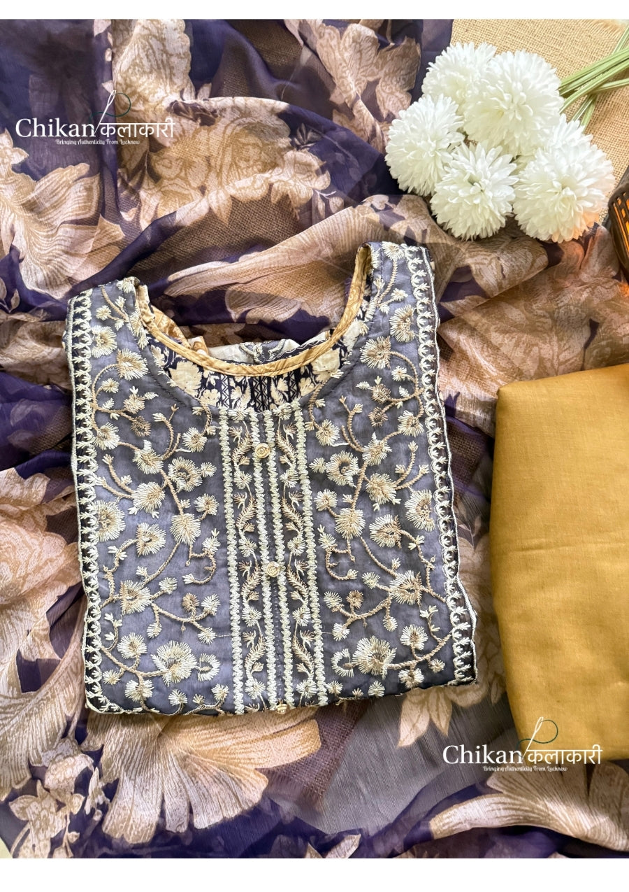 Sahira Beige Cotton Straight Suit Set With Dupatta - Purple