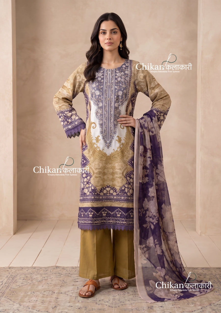 Sahira Beige Cotton Straight Suit Set With Dupatta - Purple