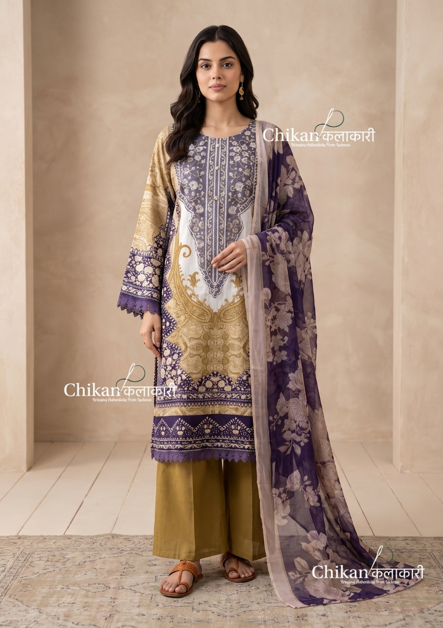 Sahira Beige Cotton Straight Suit Set With Dupatta - Purple