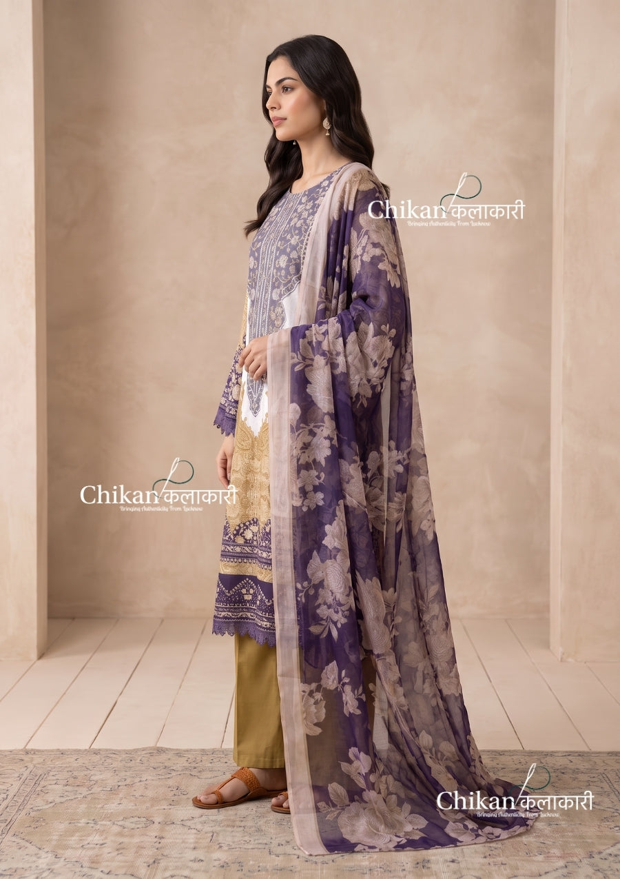 Sahira Beige Cotton Straight Suit Set With Dupatta - Purple