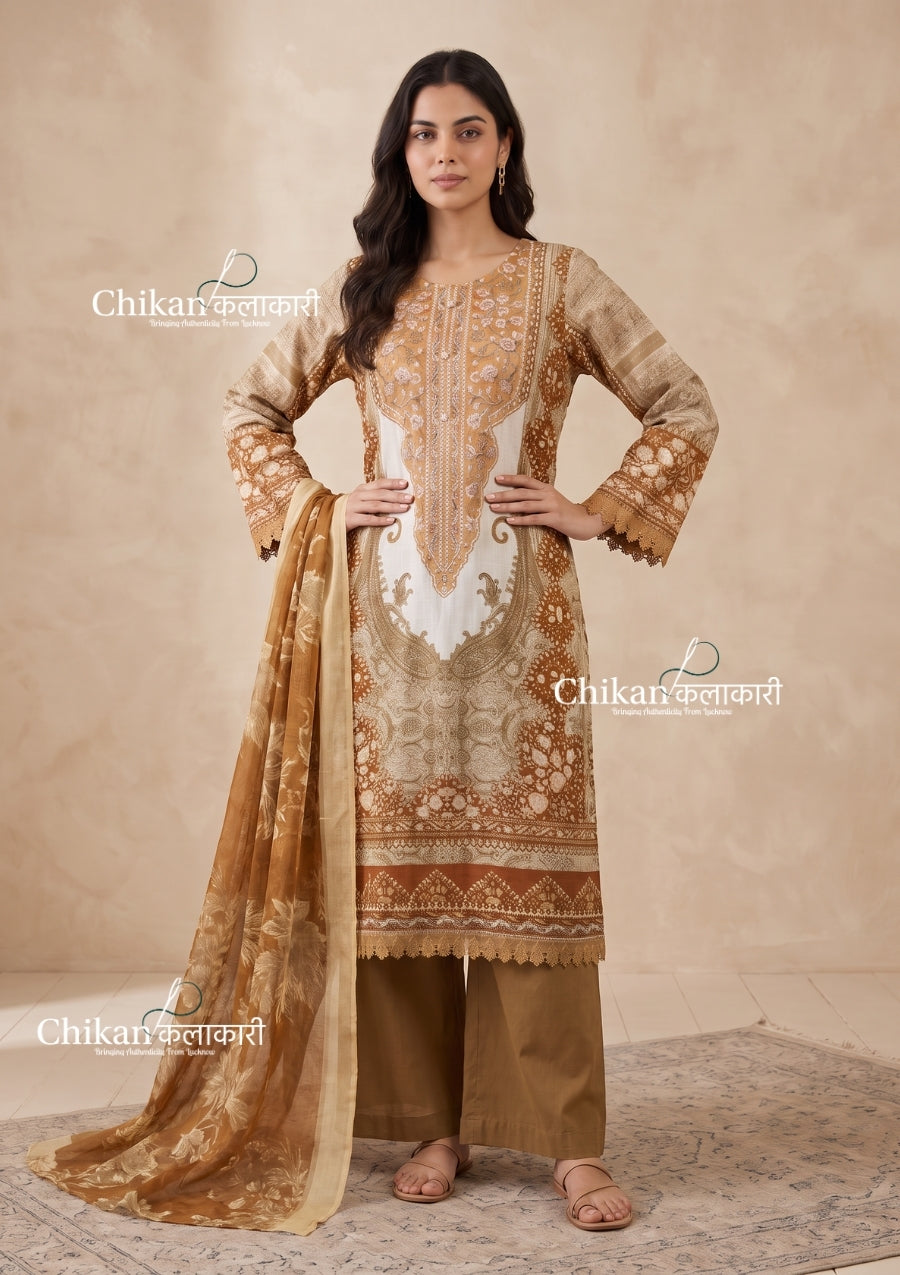 Sahira Beige Cotton Straight Suit Set With Dupatta