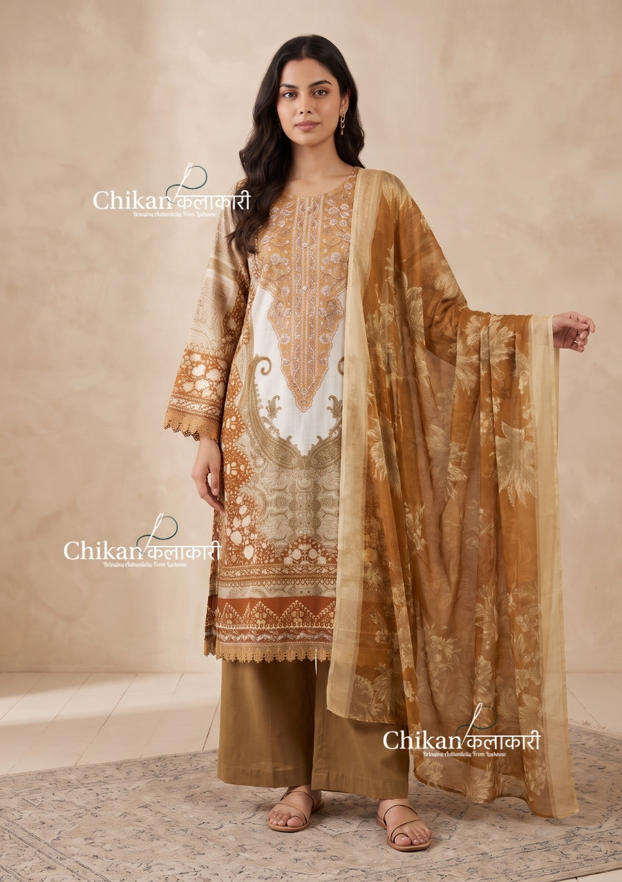 Sahira Beige Cotton Straight Suit Set With Dupatta