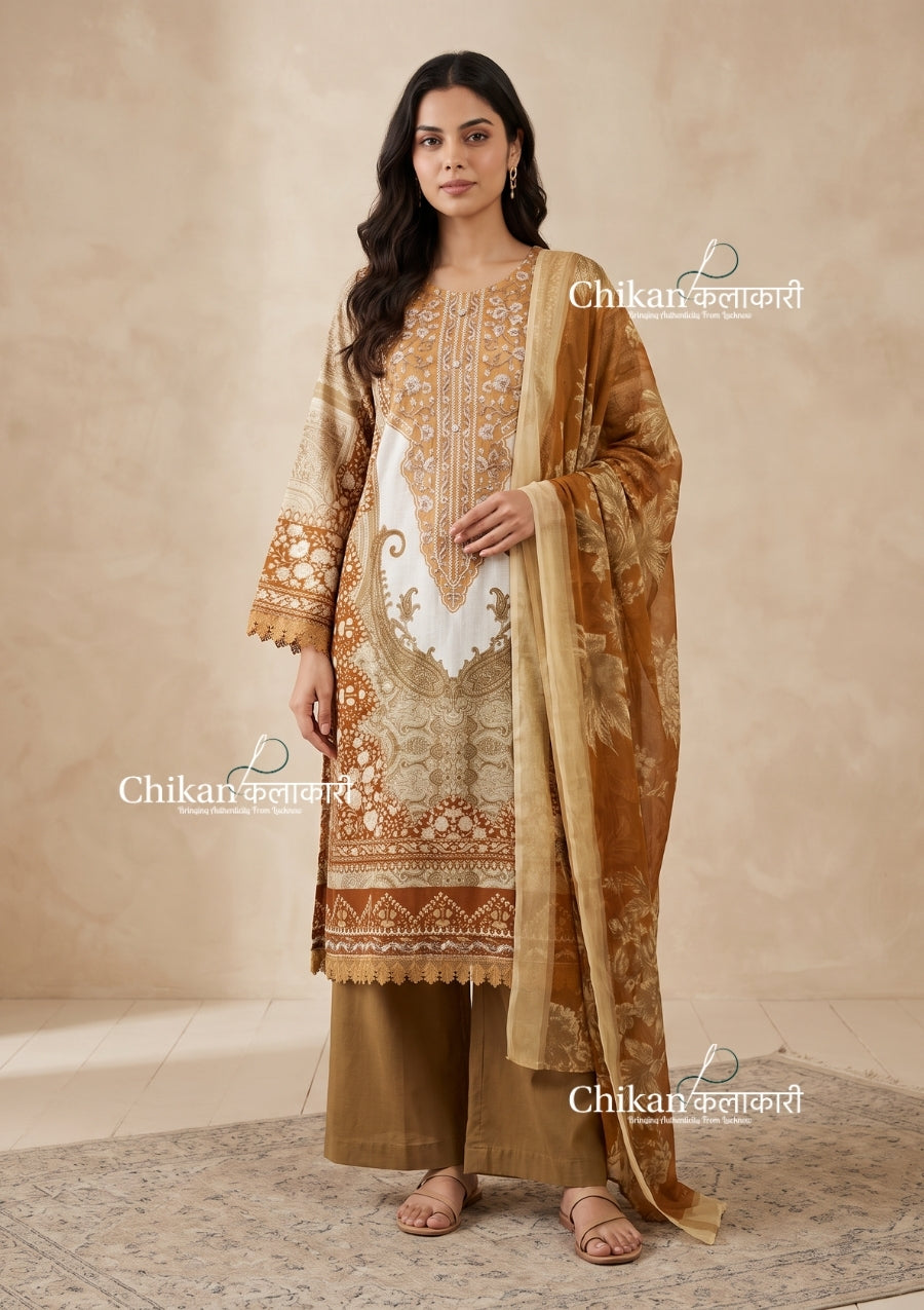 Sahira Beige Cotton Straight Suit Set With Dupatta