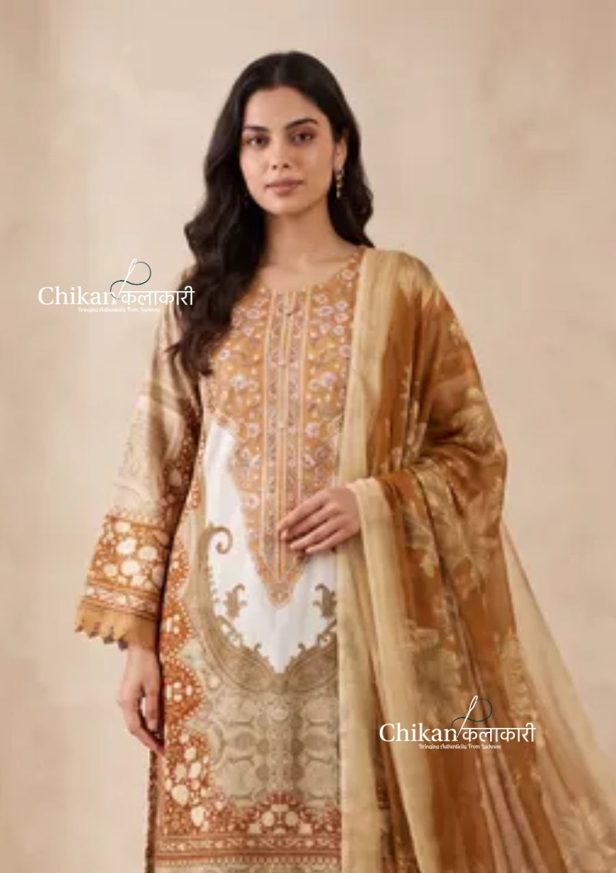 Sahira Beige Cotton Straight Suit Set With Dupatta