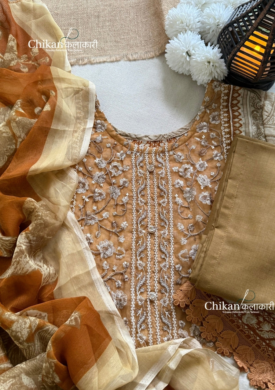 Sahira Beige Cotton Straight Suit Set With Dupatta