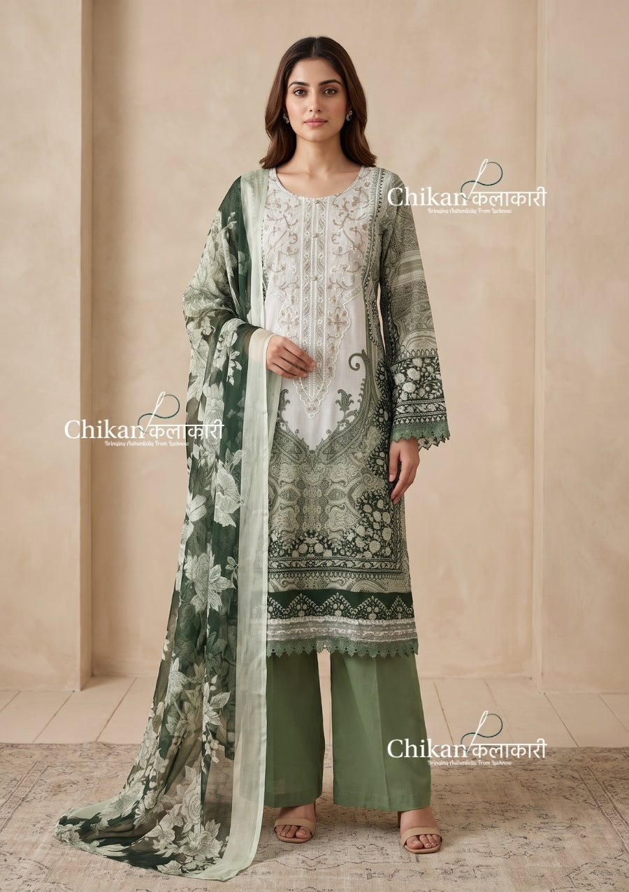 Sahira Green Cotton Straight Suit Set With Dupatta
