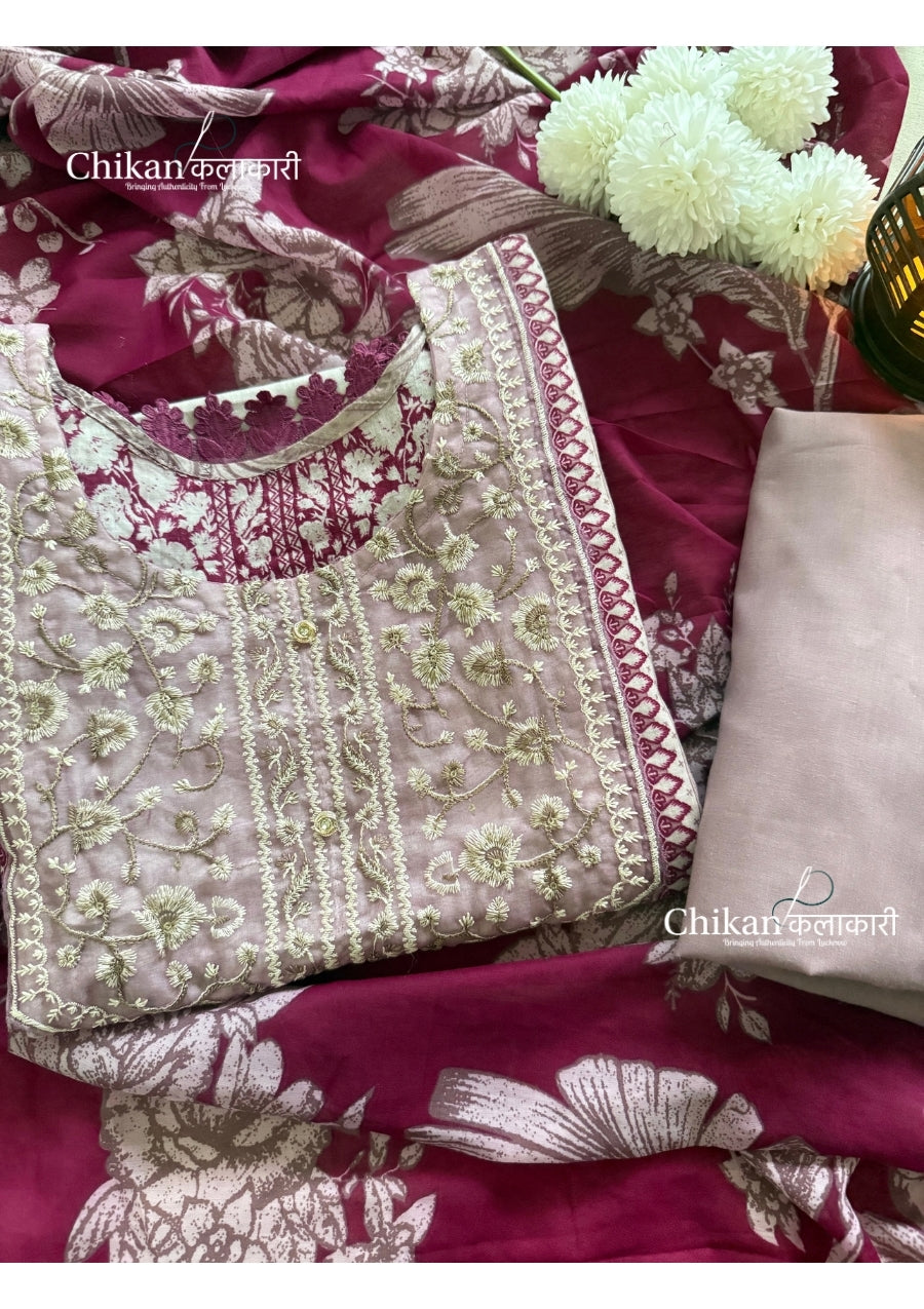 Sahira Wine Cotton Straight Suit Set With Dupatta