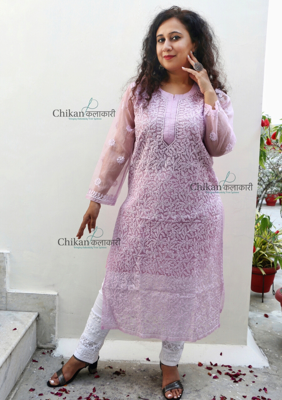 Sanya Organza Chikankari Kurti | lucknowi chikan kurta | lakhnavi kurti | chicken curry kurti | lucknow kurti