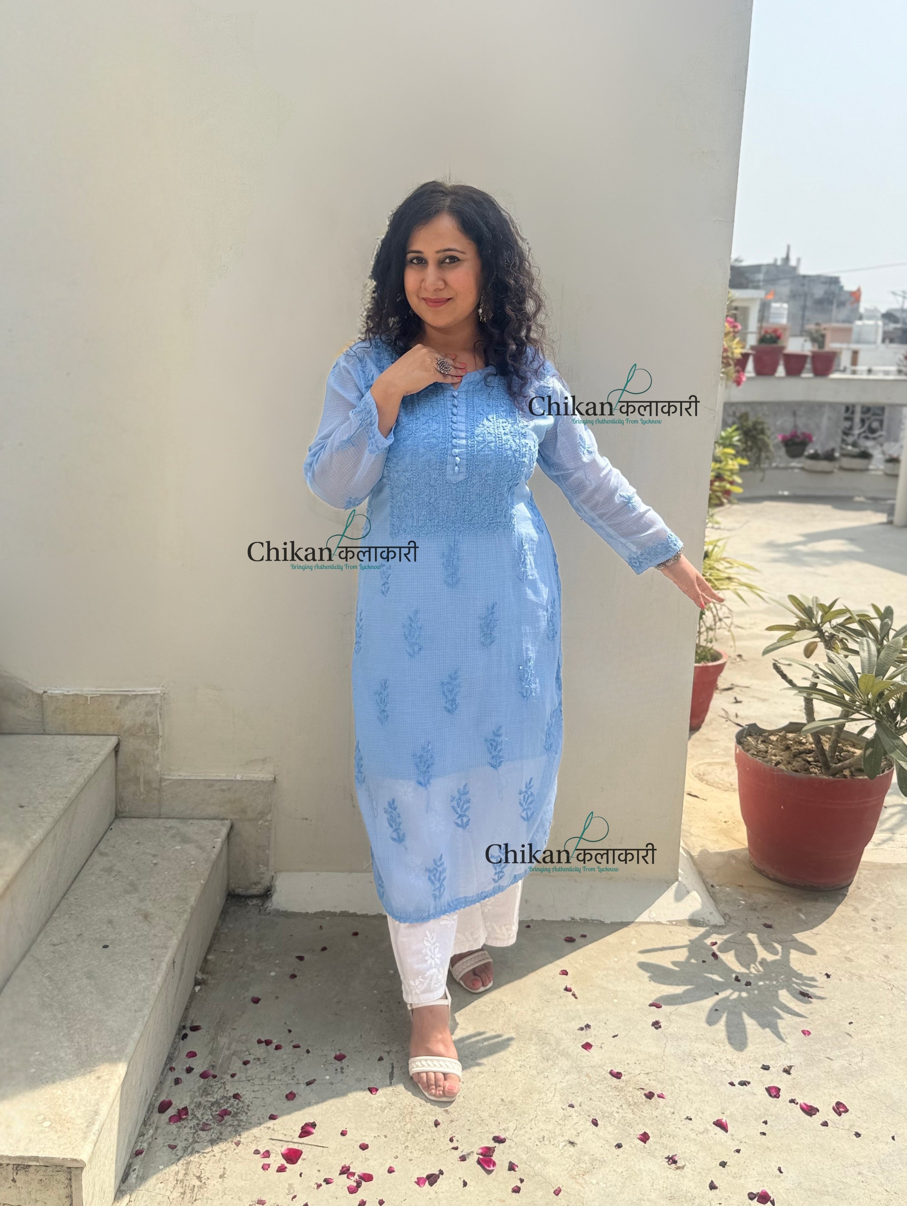 Sazia Premium Kota Chikankari Kurti - Powder Blue