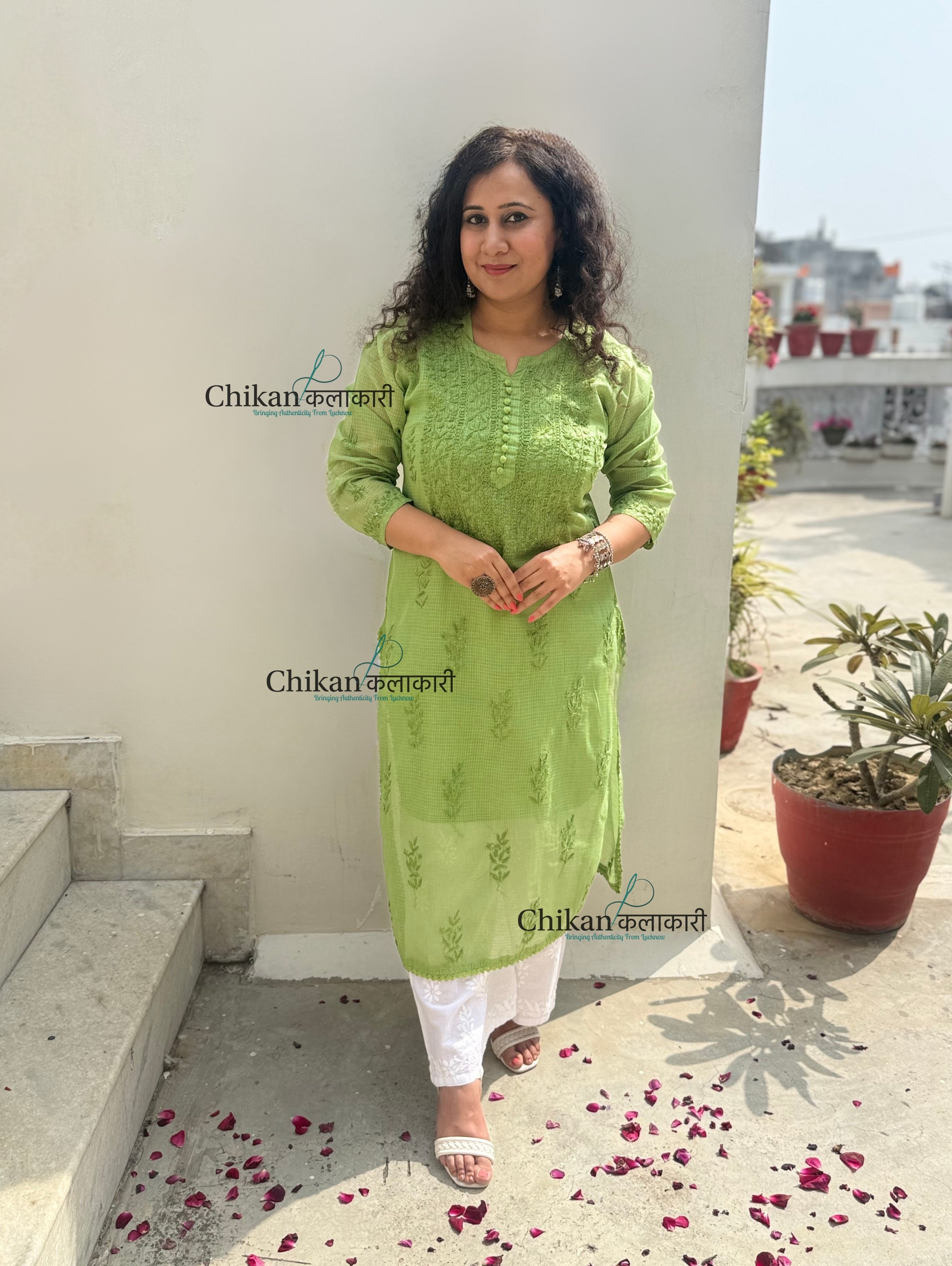Sazia Premium Kota Chikankari Kurti - Green