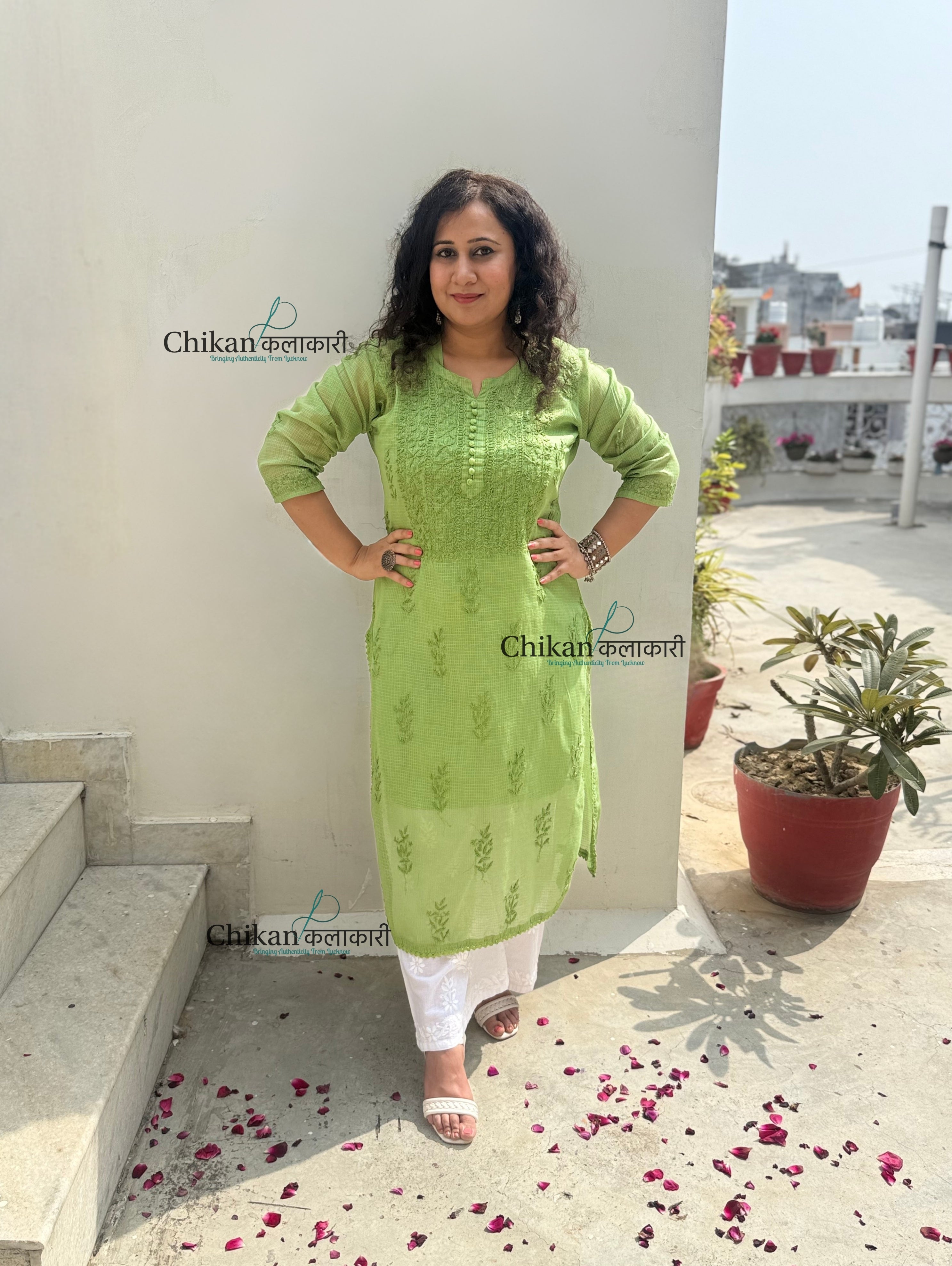 Sazia Premium Kota Chikankari Kurti - Green