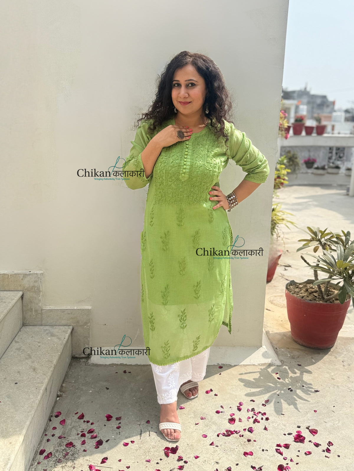 Sazia Premium Kota Chikankari Kurti - Green