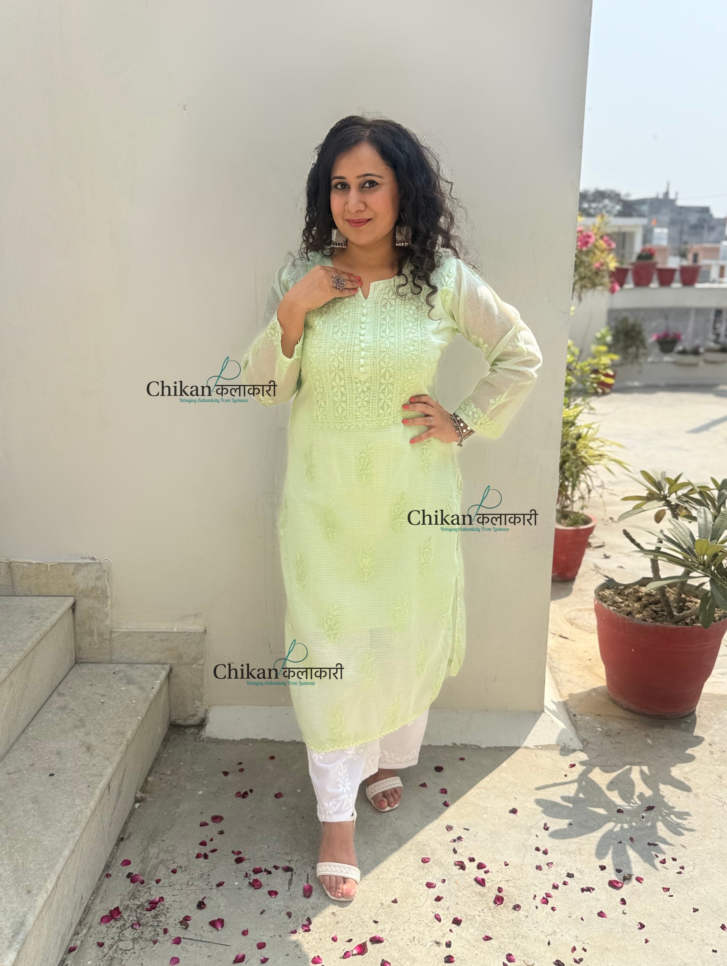 Sazia Premium Kota Chikankari Kurti - Light Green