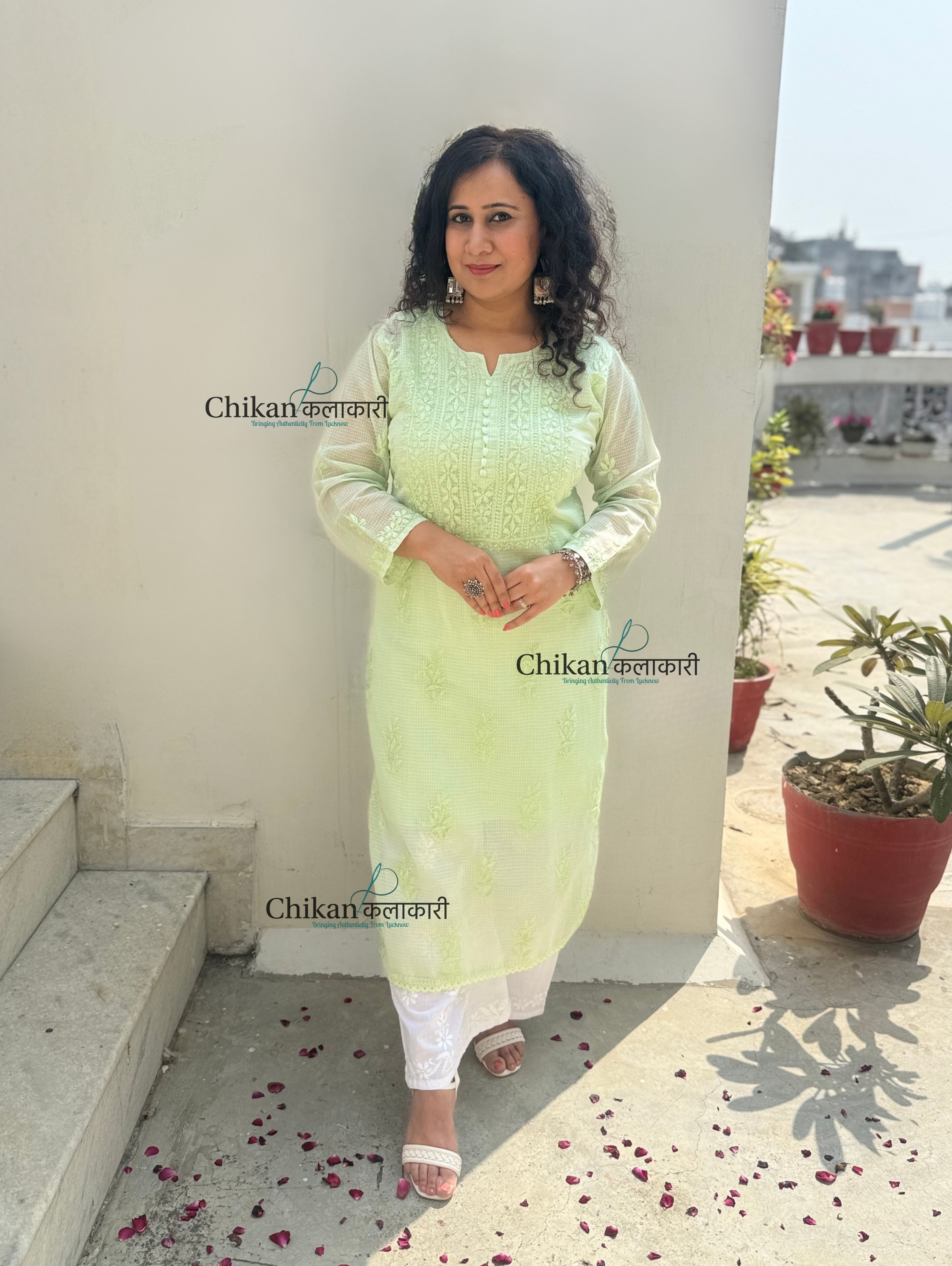 Sazia Premium Kota Chikankari Kurti - Light Green
