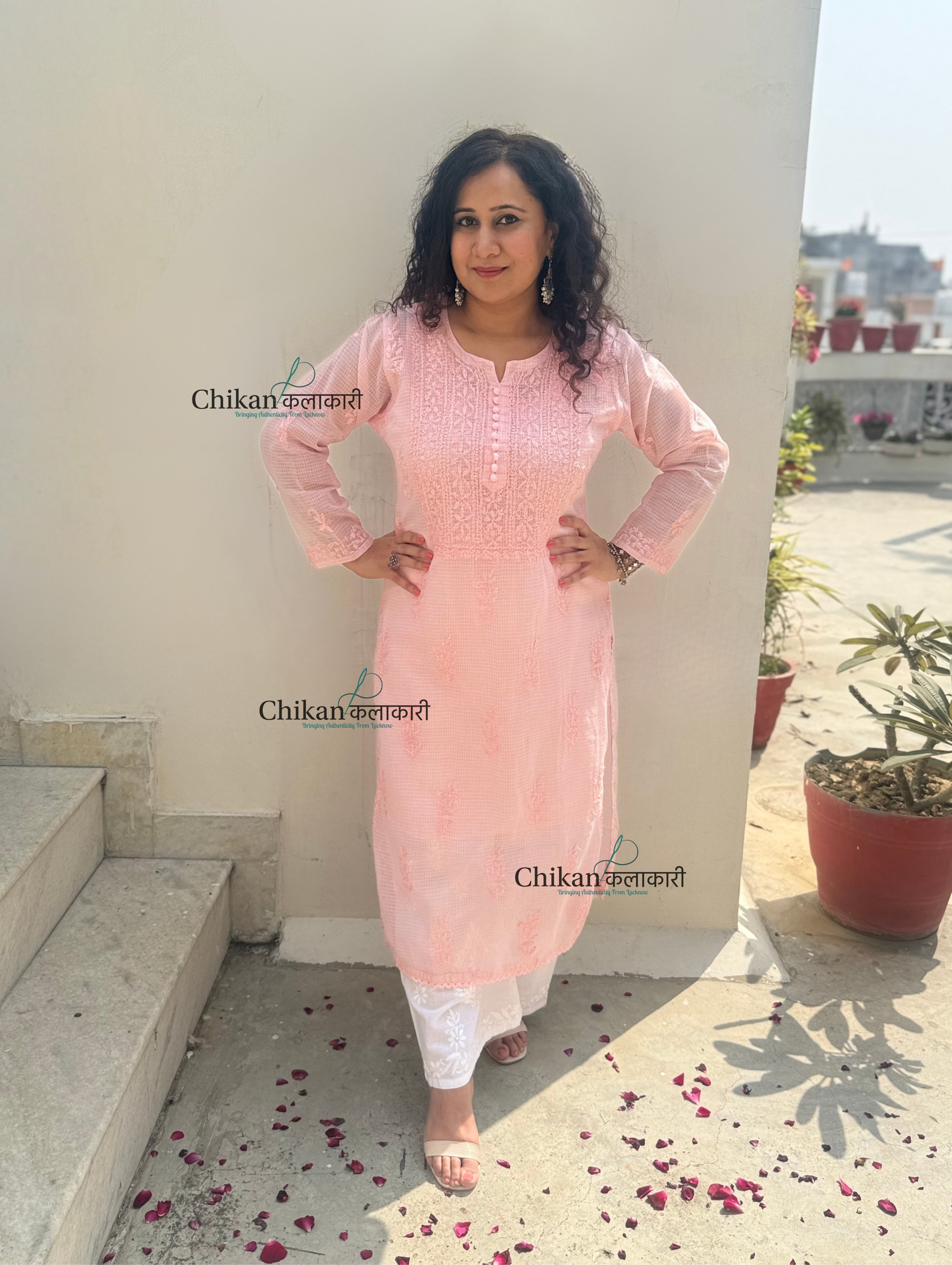 Sazia Premium Kota Chikankari Kurti - Peachy Pink