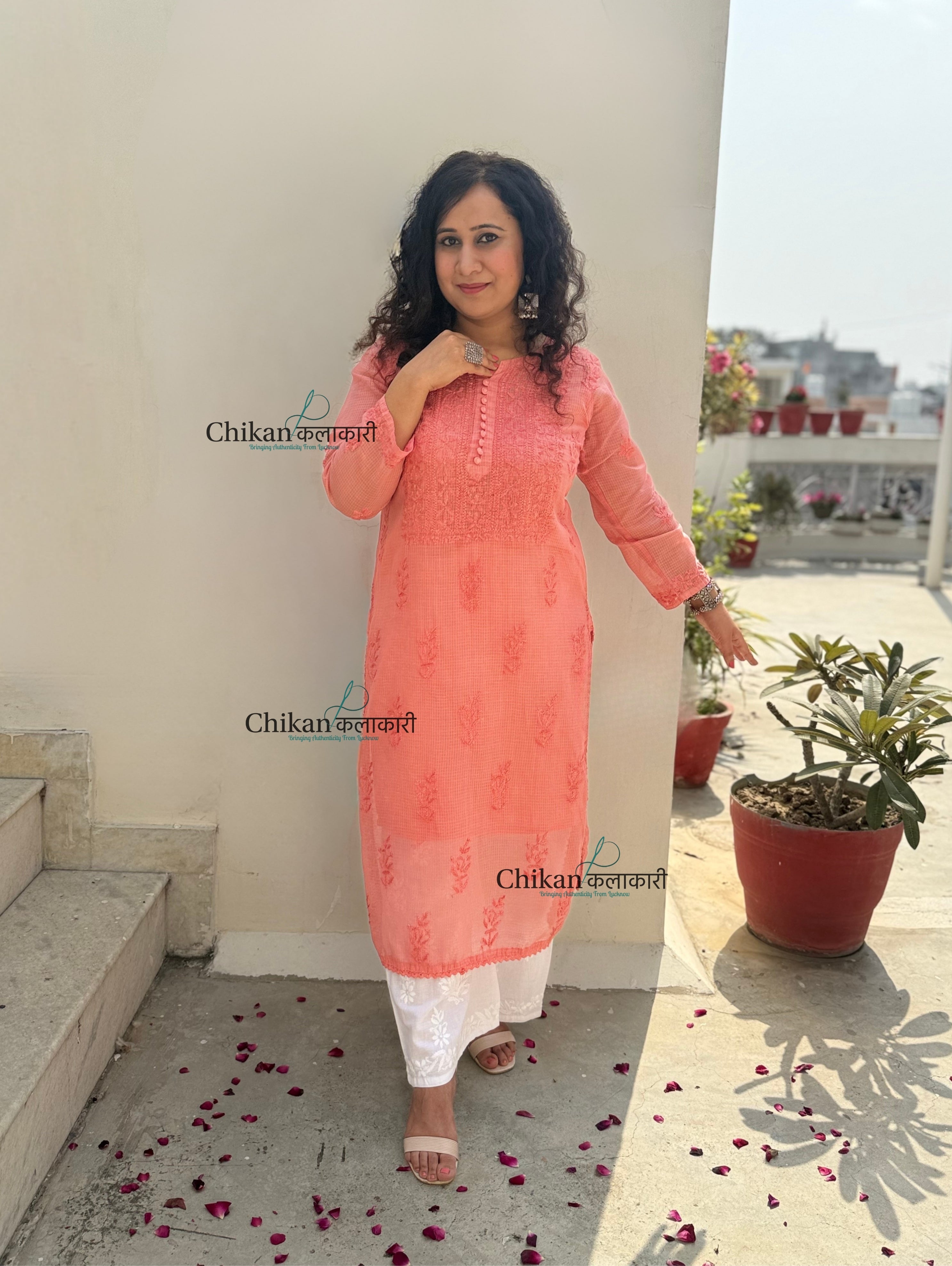 Sazia Premium Kota Chikankari Kurti - Rust