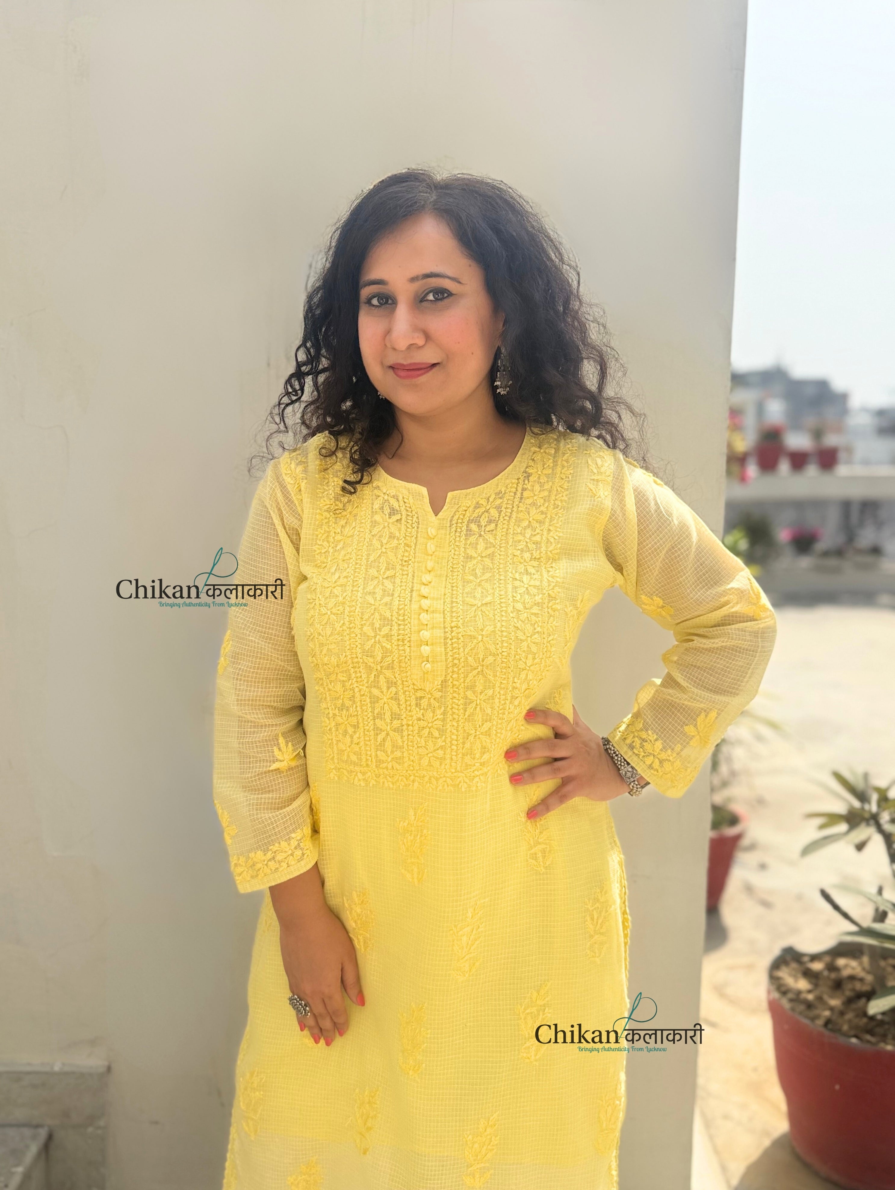 Sazia Premium Kota Chikankari Kurti - Yellow
