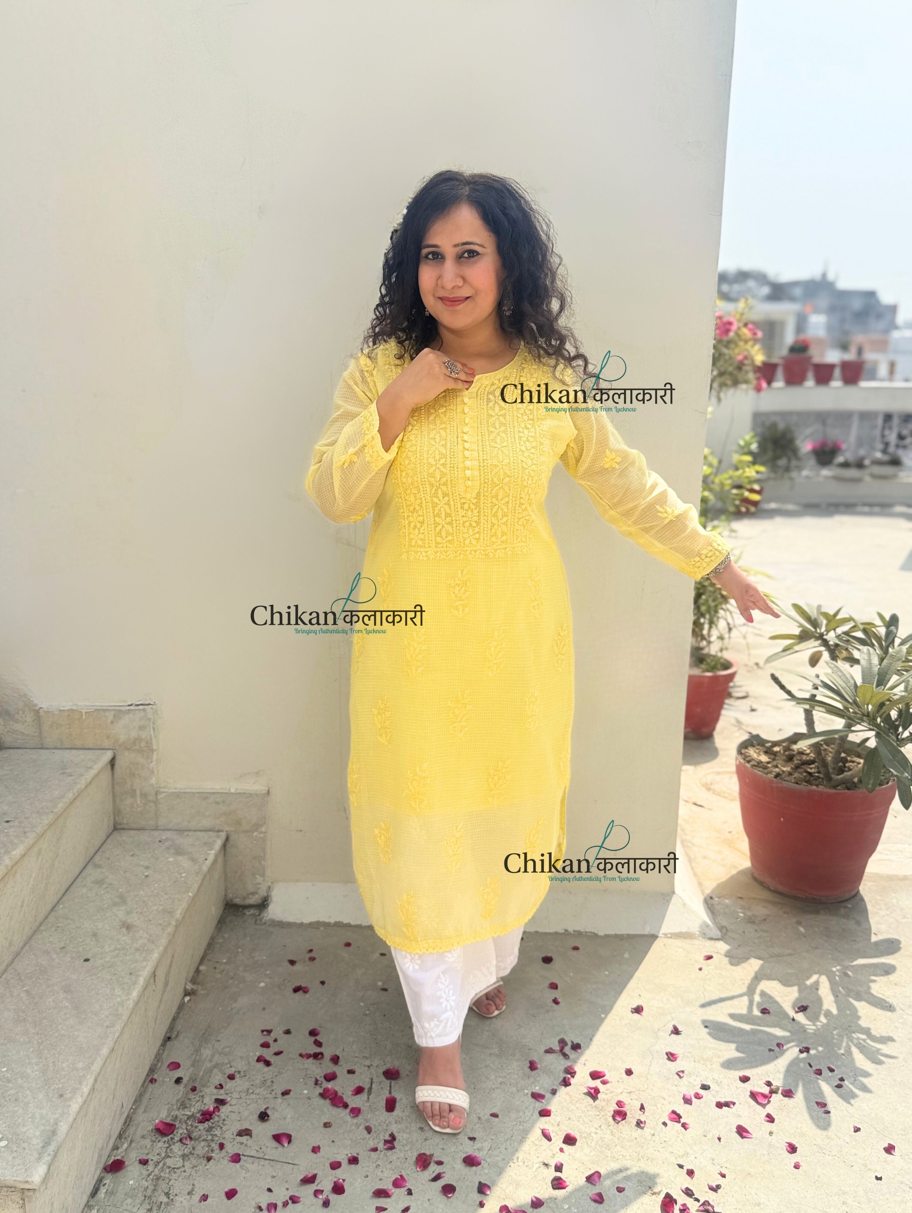 Sazia Premium Kota Chikankari Kurti - Yellow