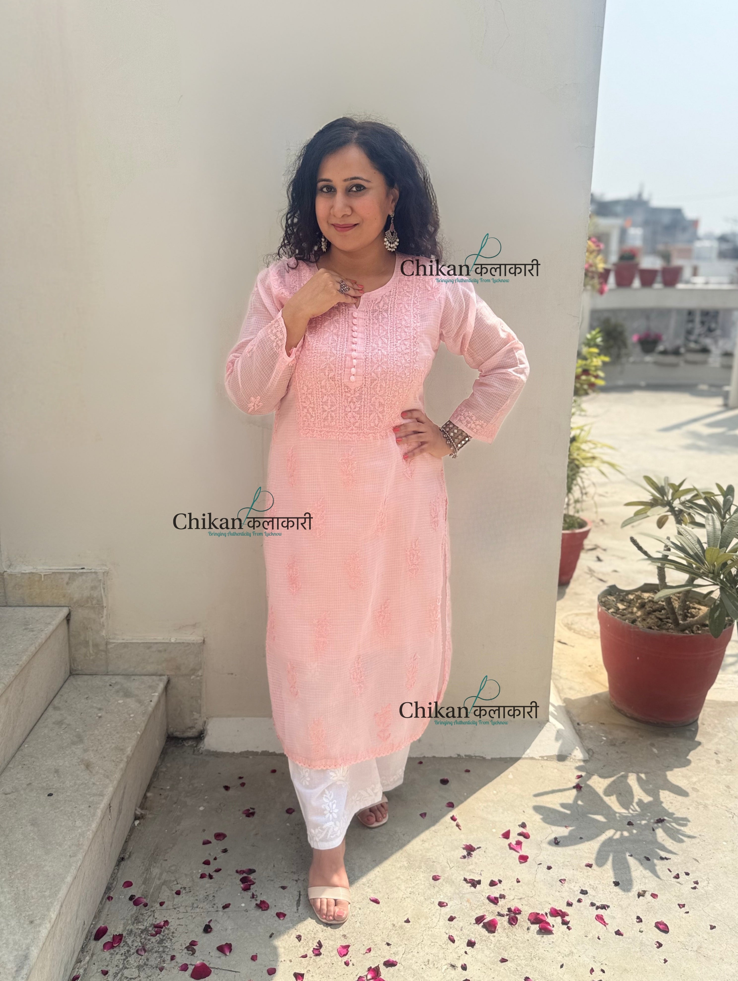 Sazia Premium Kota Chikankari Kurti - Peachy Pink