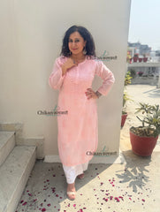 Sazia Premium Kota Chikankari Kurti - Peachy Pink