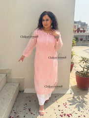 Sazia Premium Kota Chikankari Kurti - Peachy Pink