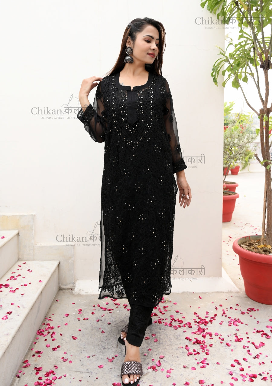 Shifa Georgette Chikankari Kurti | chikan curry kurta | lakhnavi kurti | lucknow chikan kurta | black chikankari kurti